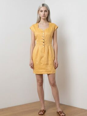 Vintage 80s Rena Joan Japanese Linen Dress Sweetheart Neckline Yellow Petite S
